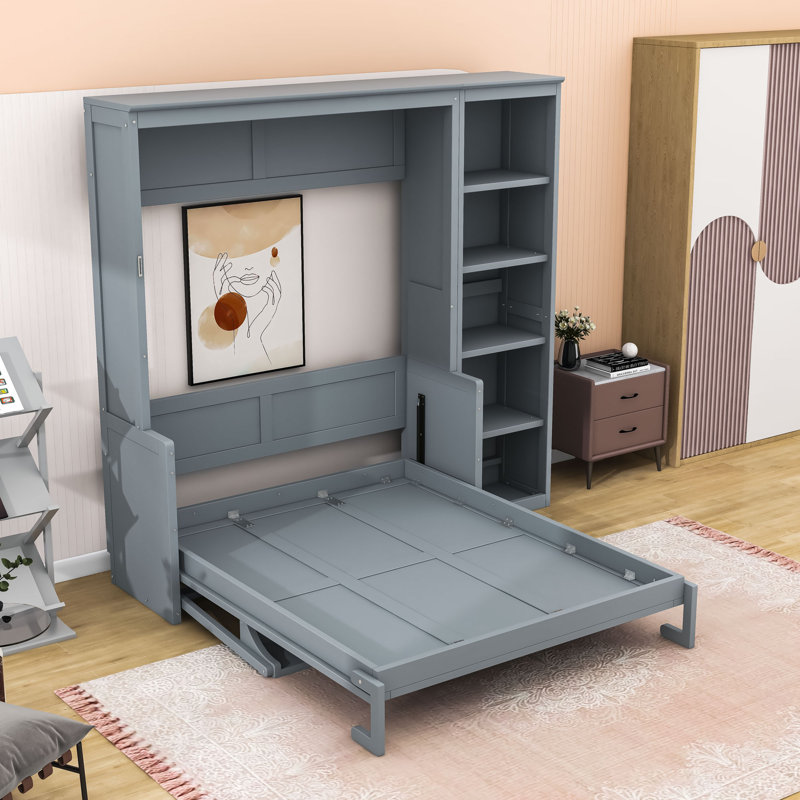 Lit escamotable avec cadre en bois Murphy, gris, Double