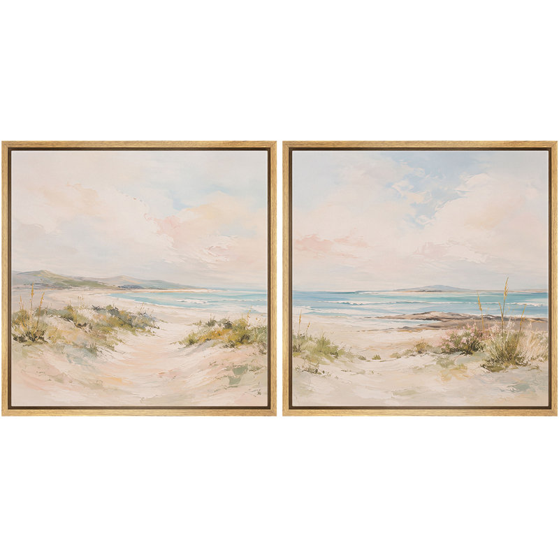 «Pastel Coastal Beach Dunes with Soft Sky and Ocean Breeze», ensemble de 2 reproductions d'art sur toile encadrées