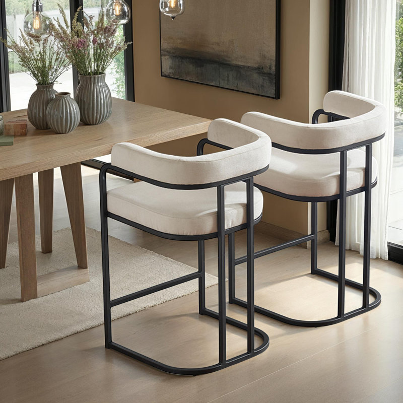 Chenille Bar Stools Set of 2 – Upholstered Seats, Metal Frame and Ergonomic Design for Kitchen Island or Home Bar, White