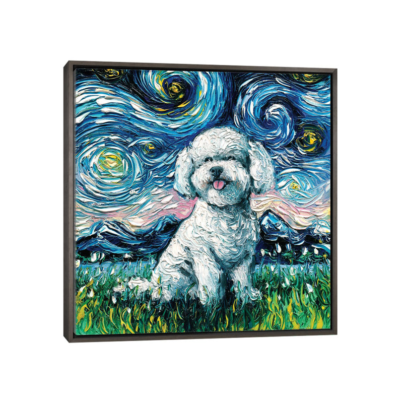 Reproduction d’art, "Bichon frisé Night" par aja Trèves, H 37 po x l 37 po x P 1,5 po, Toile encadrée de bois rustique foncé