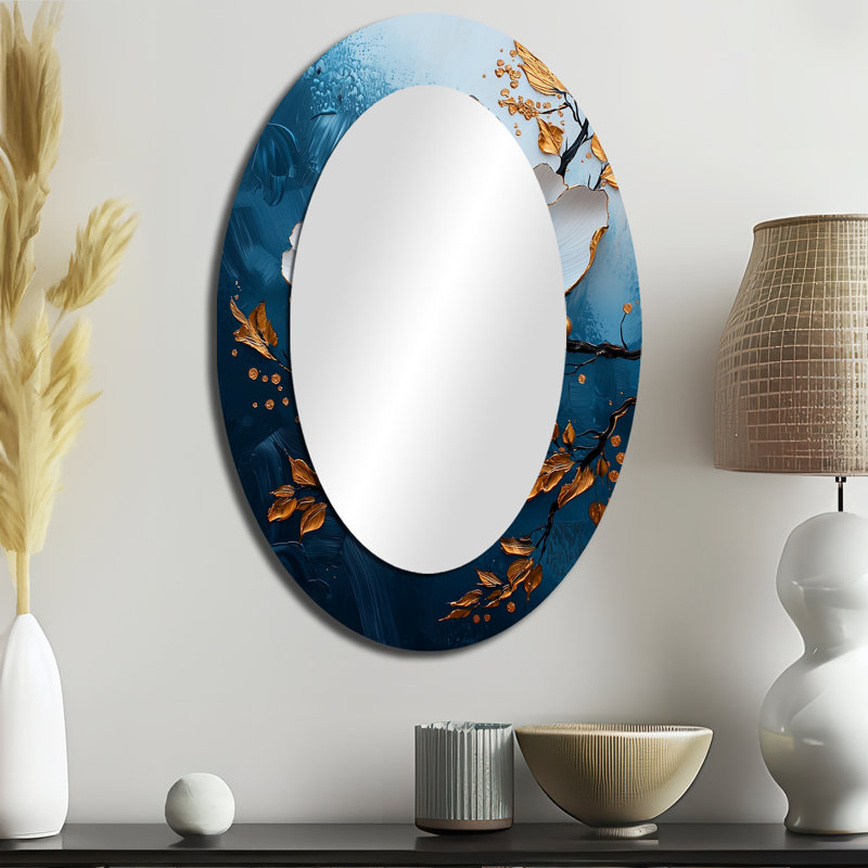 Pivoine dorée et bleue - décor de miroir mural ovale doré, 36 po x 24 po