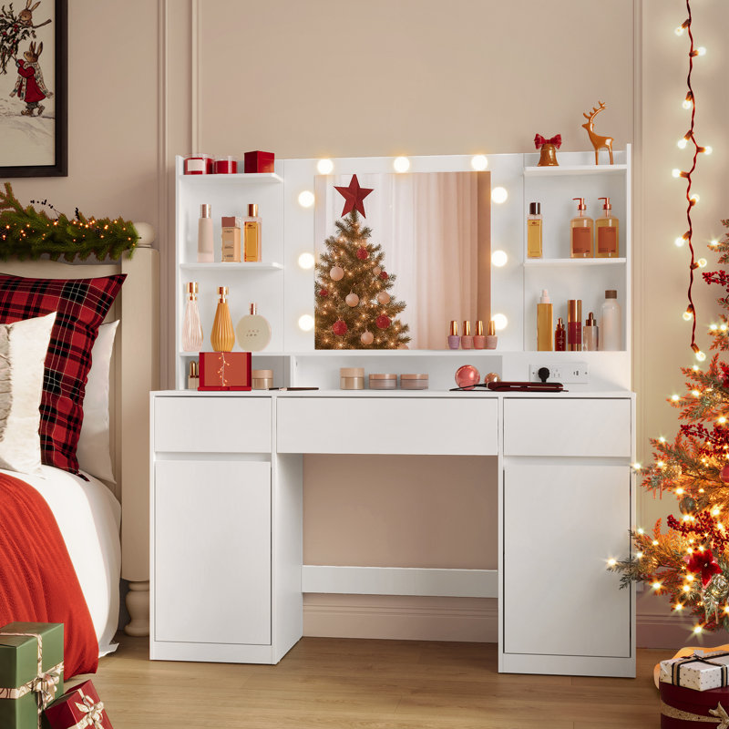 Bureau de coiffeuse avec miroir et 9 ampoules DEL, coiffeuse avec prises de courant, coiffeuse avec 2 armoires, pour chambre à coucher