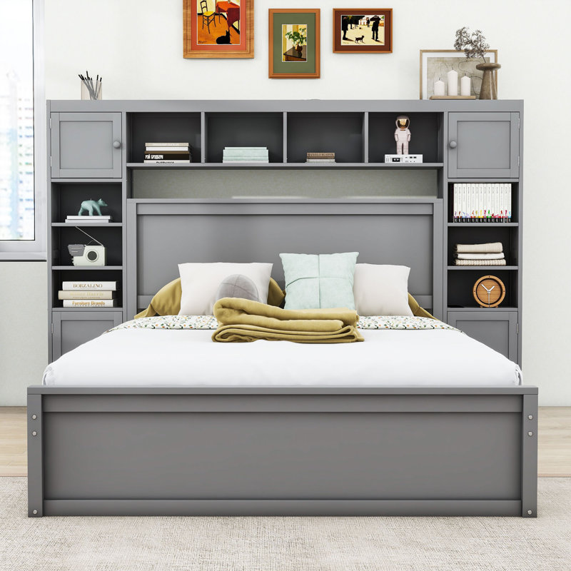 Lit plateforme avec prises intégrées et tiroirs de rangement, Gris, Grand lit