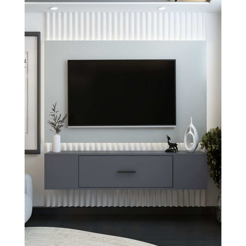Meuble télé moderne, anthracite, 59,1 po x 13,0 po x 11,6 po | 100% panneau de particules enduit de mélamine, épaisseur: 0,7 pouce | Conception murale, élégante et fonctionnelle pour le salon et les espaces de divertissement
