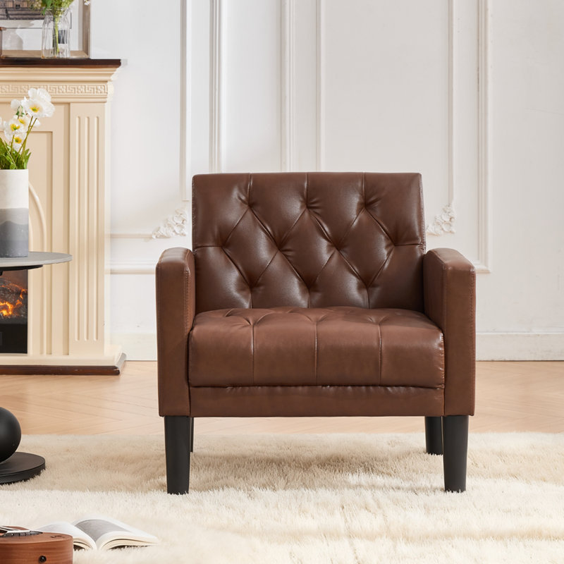 30.91"W Leather Tufted Accent Chair, Brown