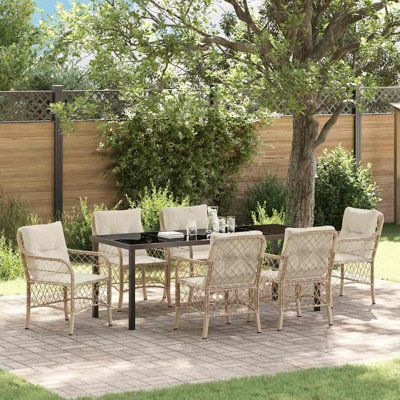  Ensemble de salle à manger de jardin avec coussin 7 pièces en rotin de polyester beige