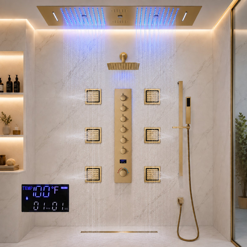 Complete Shower System with Rough in-Valve, Brushed Gold