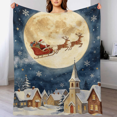 Santa Sleigh Moon Luxury Flannel Throw Blanket, Soft Warm Fuzzy Blanket for Living Room Sofa Bed Home Decor