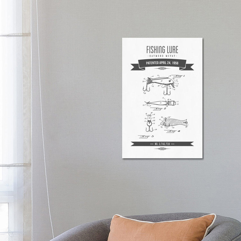 Raymond McVay Fishing Lure Patent Sketch Retro (Charcoal) I by Aged Pixel - Wrapped Canvas Print