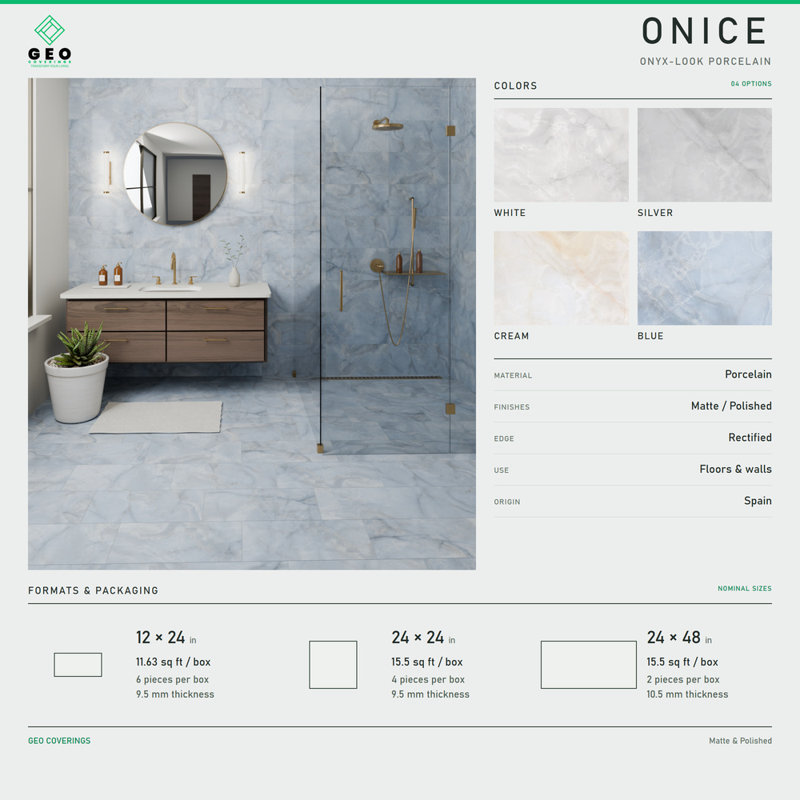 G385 Onice Blue Matte 12x24 Porcelain Onyx Look Floor & Wall Tile, Made in Spain, Matte, 12 x 24, Blue
