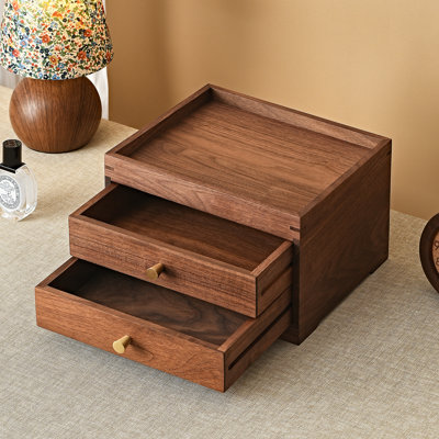 Black Walnut Wooden Desk Organizer, 2 Drawer Desktop Storage for Countertop Home Office Bathroom.