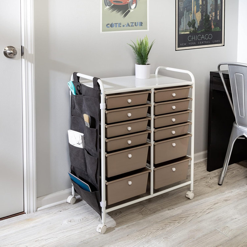 12-Drawer Rolling Storage Cart With Side Pockets And Locking Wheels, Steel Tabletop For Craft Organization