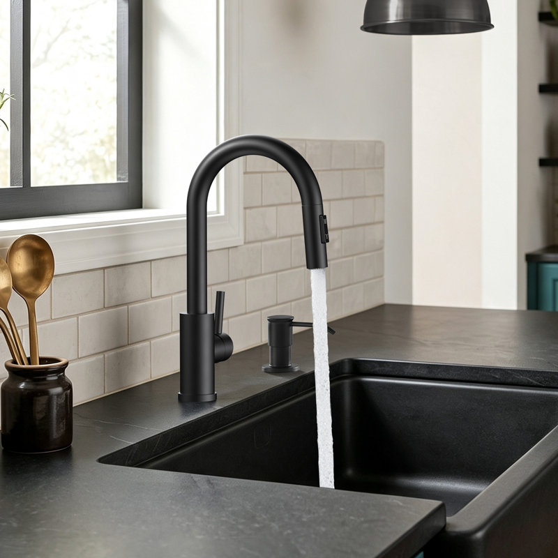  Forious® Ultra Pull Down Kitchen Faucet with Soap Dispenser, Matte Black