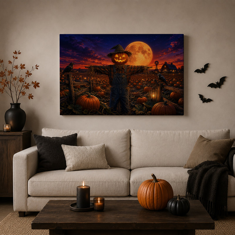 Épouvantail à tête de citrouille dans un champ de citrouilles - Toile murale d'Halloween, 16"H x 24"W