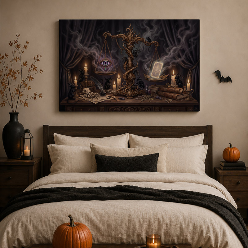 Tableau sur toile noire représentant une écaille dorée mystique avec un œil brillant, idéal pour Halloween.