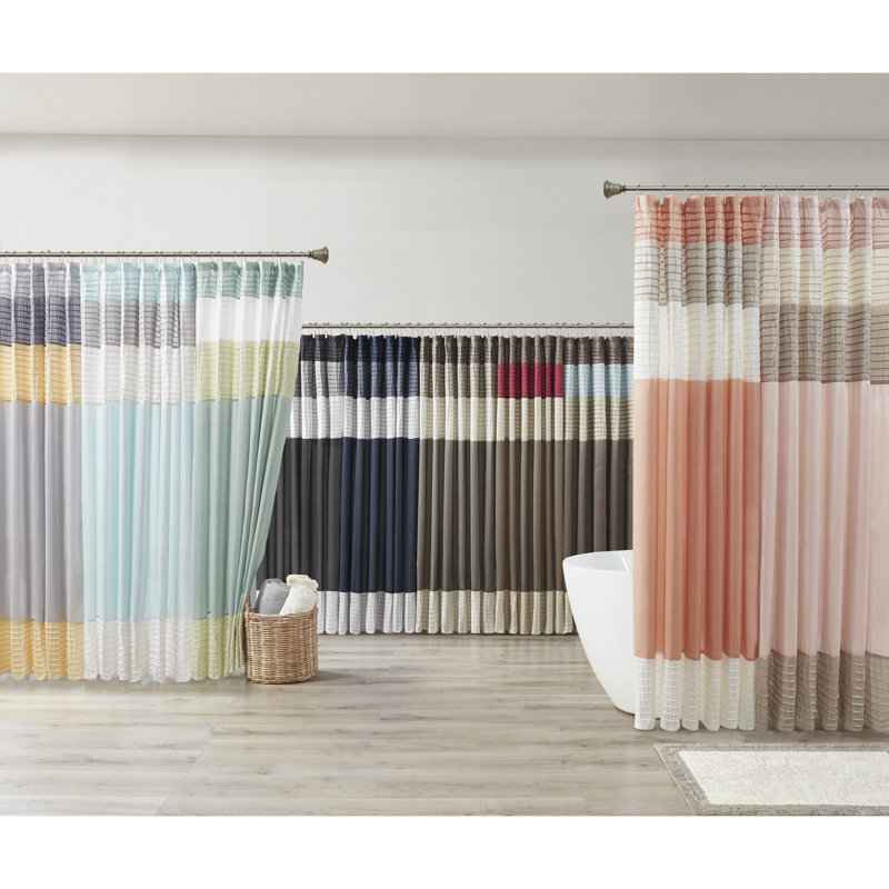 Navy and Gray Faux Silk Striped Shower Curtain