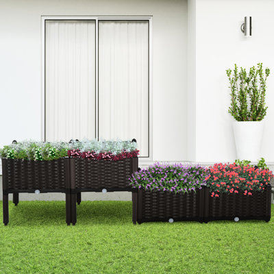 Jardinière surélevée de 4 pièces avec pieds, à arrosage automatique, pour herbes aromatiques, légumes et fleurs, couleur marron. Potager en plastique.