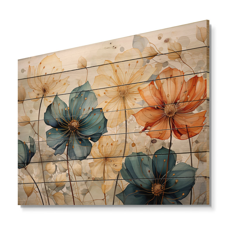 Mosaïque de pétales orange sarcelle I sur bois, H 24 po x l 32 po x P 0,78 po