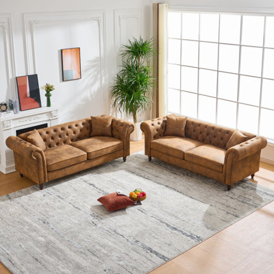 Kylend Chesterfield 3- and 3-Seater High-Tech Fabric Sofa Set With Tufted Back And Rolled Armrests