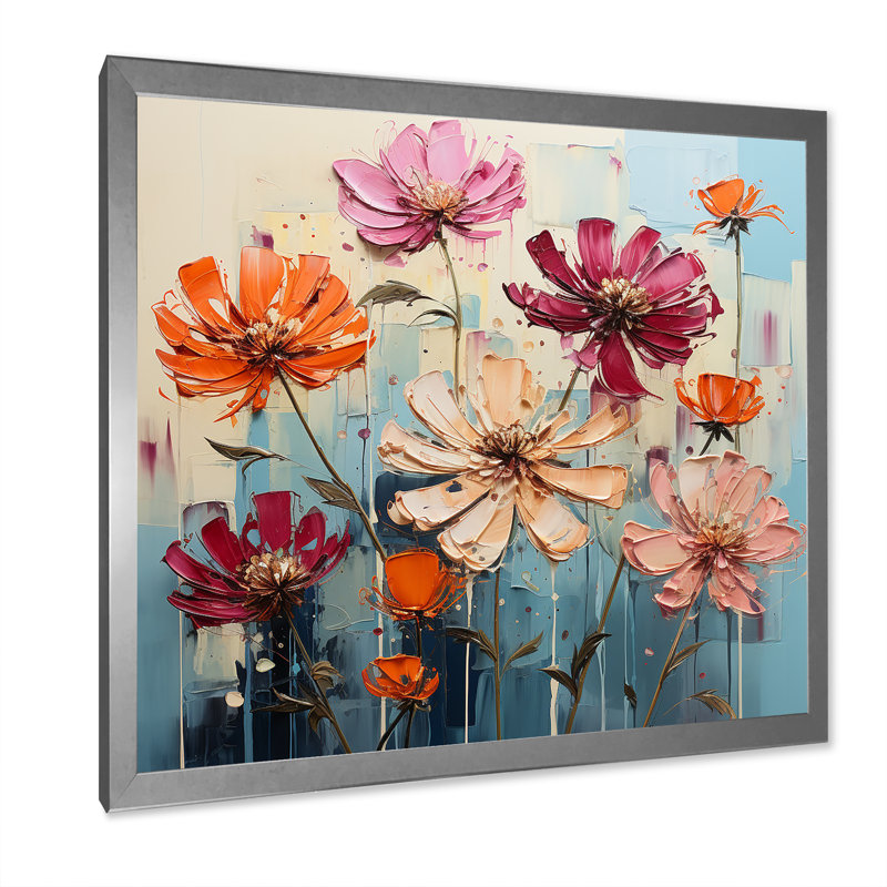 «Zinnias Bold» sur toile, Cadre simple argenté, H 36 po x l 36 po x P 1,5 po
