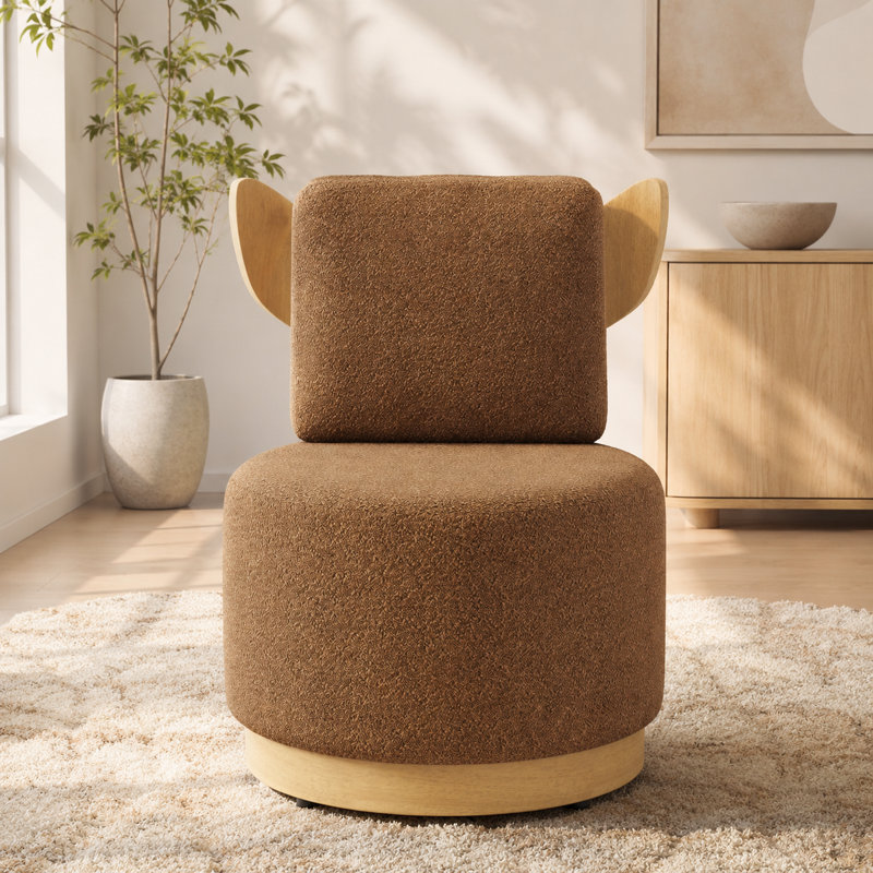 Brayden Upholstered Swivel Armless Accent Chair ( Fully Assembled ), Natural Wood, Elbertine Orange Polyester Blend