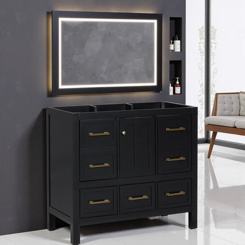 Armoire de meuble-lavabo noire 36 po sans lavabo, armoire de rangement autoportante avec cadre en bois massif avec 5 tiroirs et portes à fermeture douce, boutons en métal doré
