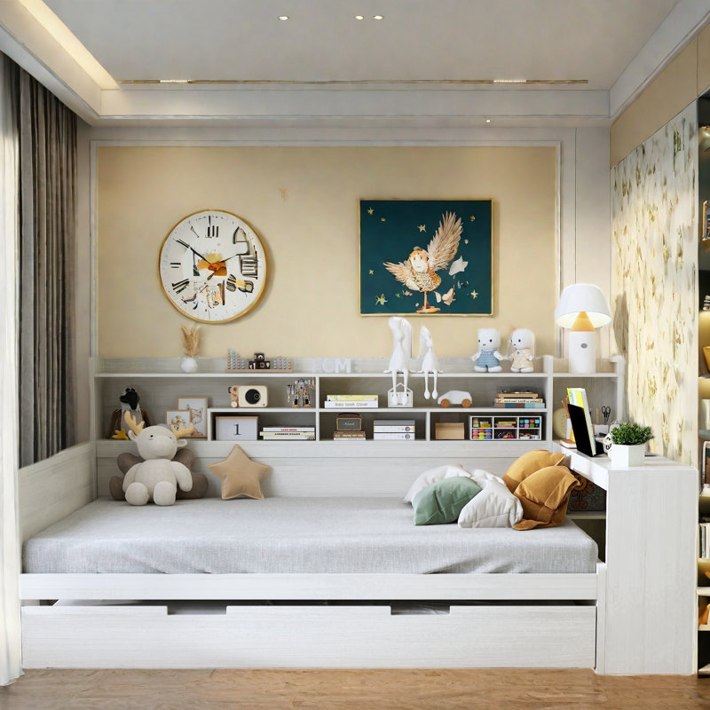 Multifunctional Wooden Daybed With Storage Shelves, Study Desk And Trundle, White, Full/Double