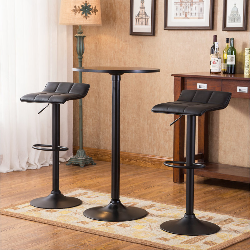 Belham Black Round Top With Black Leg And Base Metal Bar Table And 2 Swivel Black Bonded Leather Adjustable Bar Stool Bar Sets