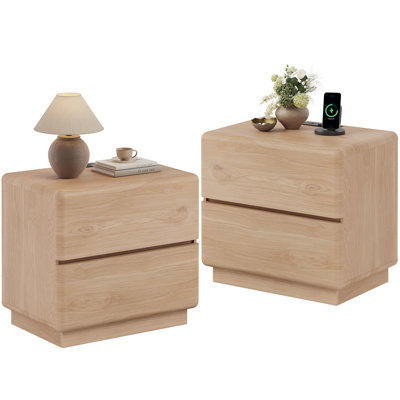 Nightstand Set Of 2 With Charging Station, 23.6" Modern End Table With 2 Drawers And Reinforced Thickened Base For Bedroom Living Room, Natural Oak