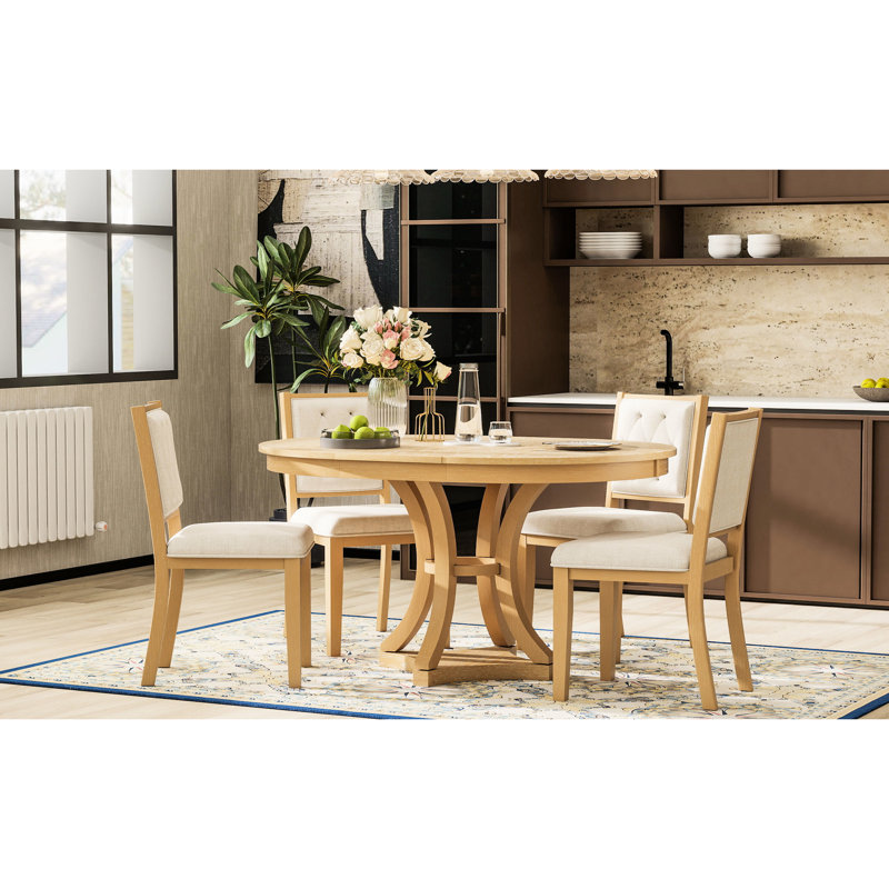 Ensemble de salle à manger vintage 5 pièces comprenant une table et quatre chaises, plateau extensible, fini placage chêne, structure robuste, dossiers ergonomiques, grande capacité de charge, style rétro, avec 4 chaises rembourrées, capacité naturelle et adaptable.