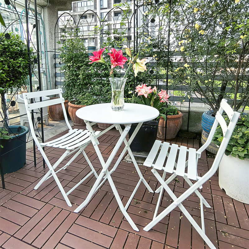 3 Piece Patio Bistro Set Of Foldable Round Table And Chairs, White