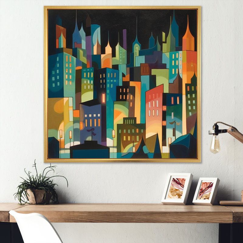 «Blue and Green Building The Cityscape», reproduction d'art sur toile, H 16 po x l 16 po x P 1 po, Cadre flottant doré