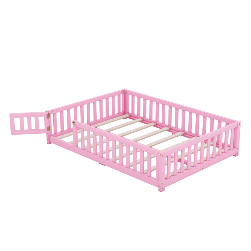 Floor Platform Bed With Fence Guardrails And Door, Full, Pink