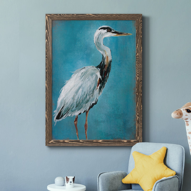 Great Blue Heron I - peinture sur toile encadrée, Encadré de bois de noyer, H 44 po x l 31 po x P 1 po