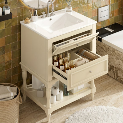 Meuble-lavabo 24,4 po avec lavabo en céramique, armoire de style rétro en bois massif avec tiroir basculant et tablette ouverte, pieds sculptés ornés - blanc