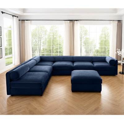 Modern Sectional With Built-in Storage, Blue Chenille, 6, Ergonomic Seat Chenille 6 , Storage Space, Living Room,