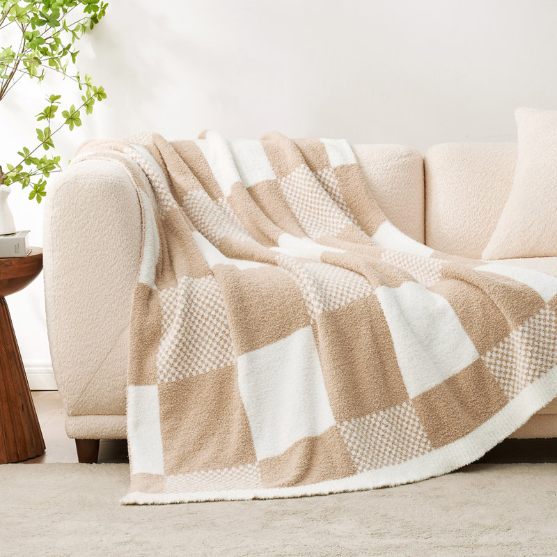 Jeté décoratif réversible en tricot à carreaux léger pour canapé ou lit, 80" L x 60" W, Beige / Blanc