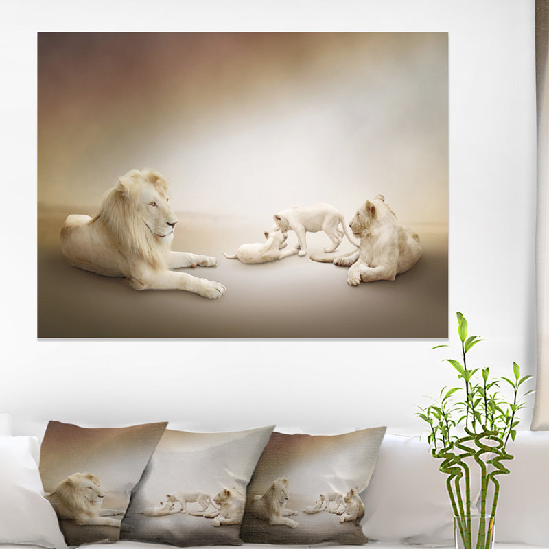 Animal «White Lion Family», impression, H 30 po x l 40 po x P 1,5 po, Bois