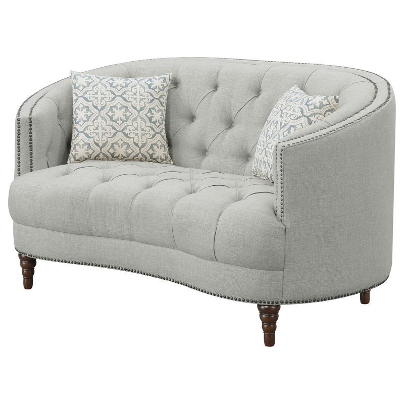 Gray Tufted Microfiber Loveseat with Nailhead Trim