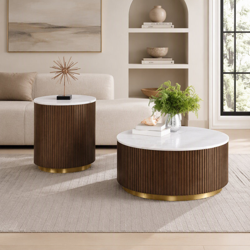 Honey Brown and White Marble Top Round End Table with Reeded Drum Base