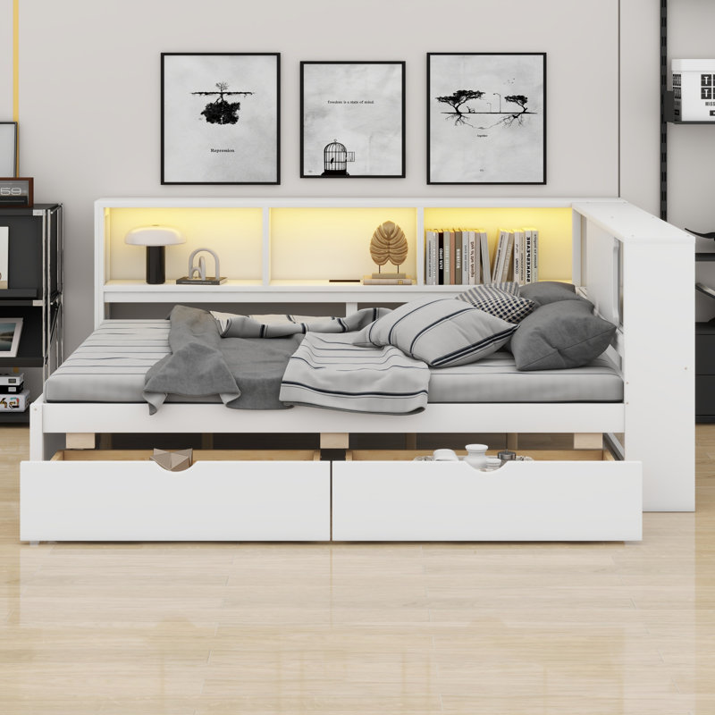 Structure de lit de jour contemporaine en bois avec éclairage DEL, chargeurs USB et tiroirs de rangement, Blanc