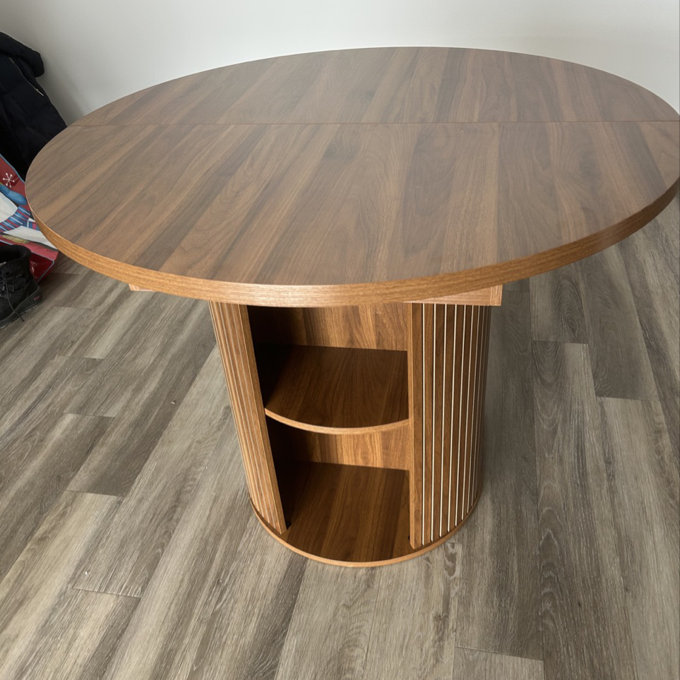 43.3"-59" Extendable Round Dining Table for 4–8, Modern Space-Saving Expandable Circle Dinner Table with Storage Shelf - Brown Wood