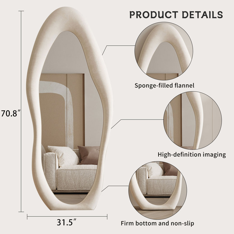 Large Full Length Mirror 70.8"x31.5", Oversized Irregular Wavy Mirror, Arched Floor Mirror, Wall Mirror Standing Hanging Or Leaning Against Wall For Bedroom, Flannel Wrapped Wooden Frame Mirror