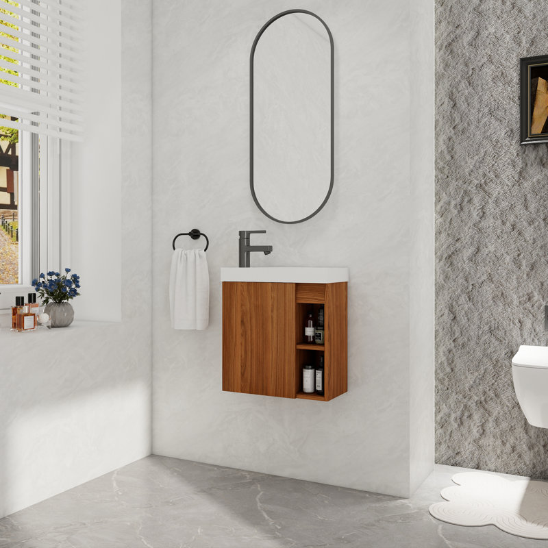 Meuble-lavabo mural de 20 po de largeur avec lavabo en résine et tablettes de rangement ouvertes, Brun, Blanc