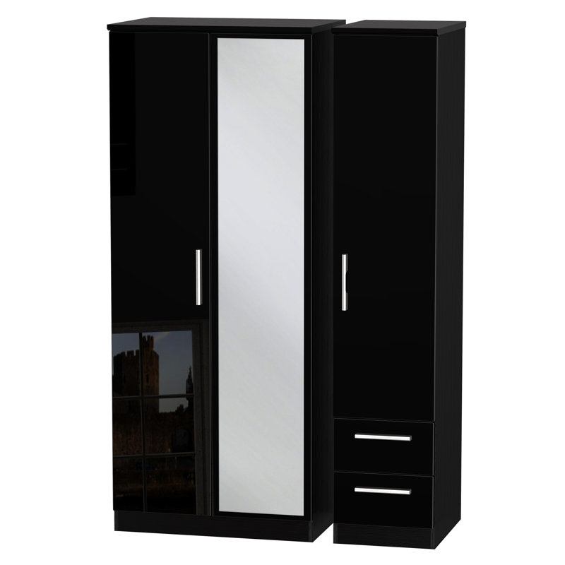 Yvette 3 Door Manufactured Wood Wardrobe, 182.5 cm H x 111 cm W x 53 cm D, Black
