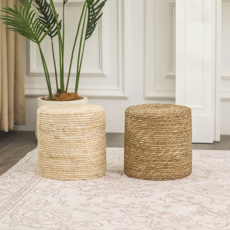 Analuz 11.8" Wide Cylinder Footstool Ottoman, Brown/Beige