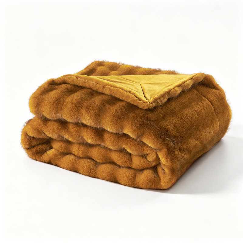 Plush Faux Fur Throw Blanket, Ultra Soft Warm Blanket, Bubble Stripe Design for Couch Sofa Everyday Home Comfort, Mustard
