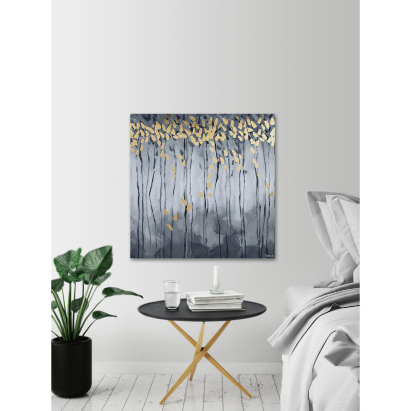 «Golden Leaves» par Parvez Taj - Peinture, H 12 po x l 12 po x P 1,5 po, Toile tendue
