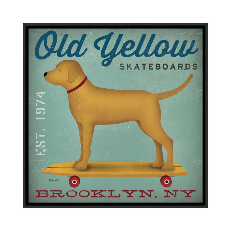 «Dog on Skateboard», affiche vintage sur toile tendue, H 12 po x l 12 po x P 1,5 po, Toile avec cadre noir