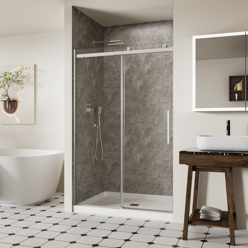 44-48" W x 74" H Frameless Sliding Shower Door, 1/4" (6mm) SGCC Tempered Glass with Explosion-Proof Film & Nano Coating, Stopper Included, Chrome